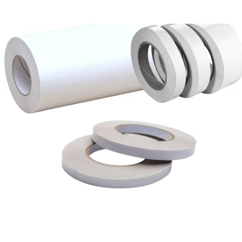Double sided tissue tape (high tack). Full width and finger-lift paper liners. 12mm to 1000mm as standard, customs sizes made to order in our UK factory.