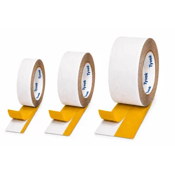 Tyvek Corner Tape. Featuring a split back release liner in various width options enables precision airtight sealing of membranes and vapor control layers. Especially useful when sealing vapour control layers around windows and doors where precise placemen